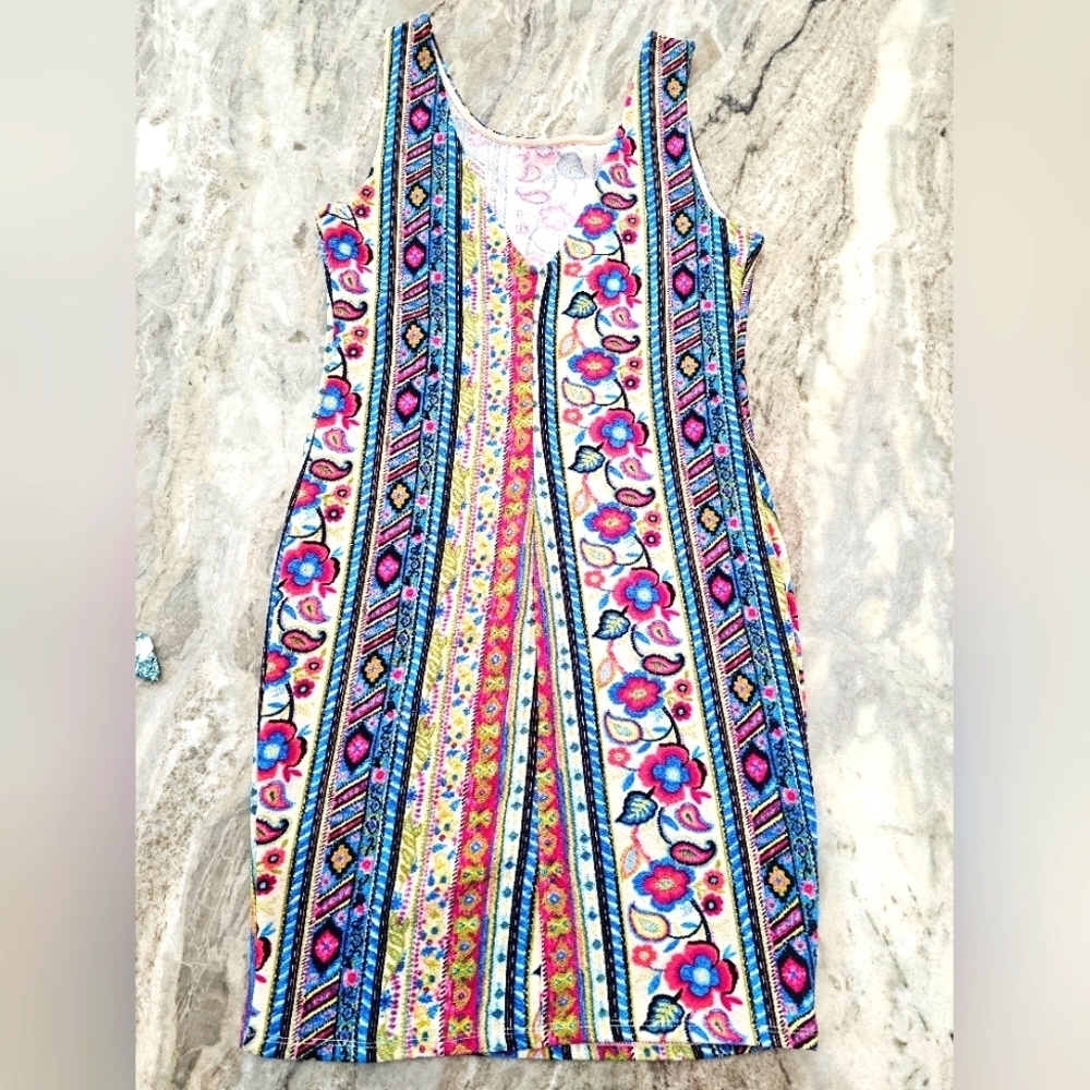 Papaya Multicolor Floral Stripe Bodycon Dress Size M Boho Festival Sleeveless